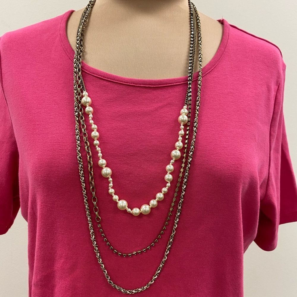 J. Crew Brass Chain, Rhinestone, And Pearl Multi Strand Tiered Long Necklace